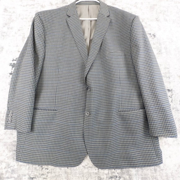 Michael Kors Mens 54R Executive Fit Wool Blazer Blue Gray Gingham Fit Sport Coat
